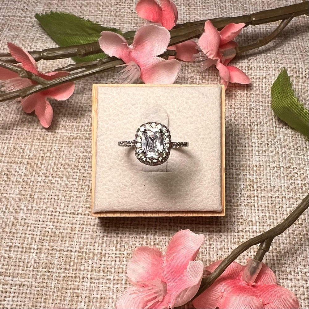 SZ 5 | Vintage-Style Emerald Cut Diamond Halo Silver Engagement Ring